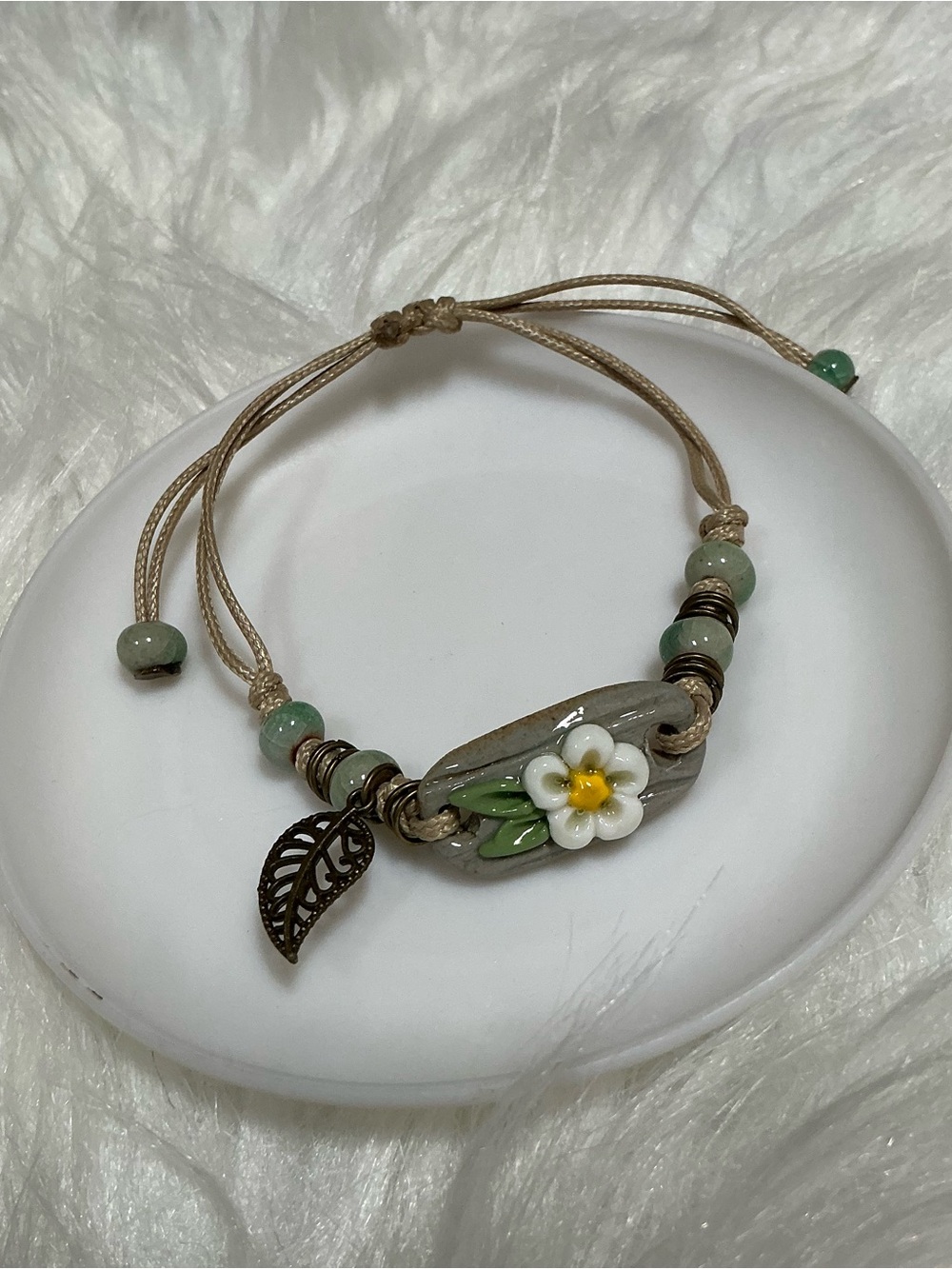 Boho Floral/Flower Beige String Bracelet with Leaf Charm